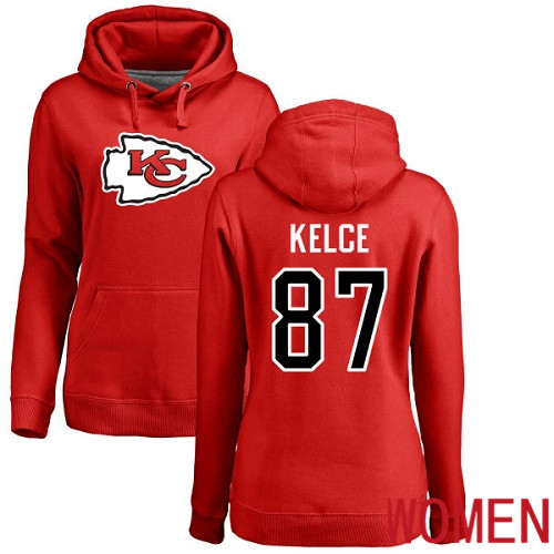 Women Football Kansas City Chiefs #87 Kelce Travis Red Name and Number Logo Pullover Hoodie->nfl t-shirts->Sports Accessory
